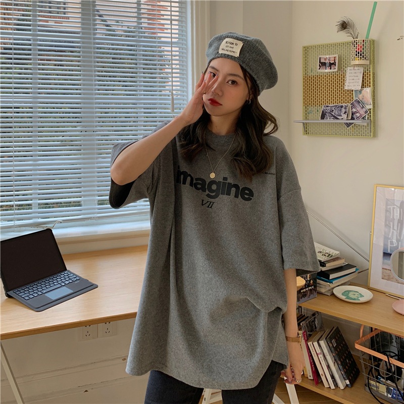 ins ผู้หญิงตัวอักษรเสื้อยืดสไตล์เกาหลีแขนสั้นหลวม