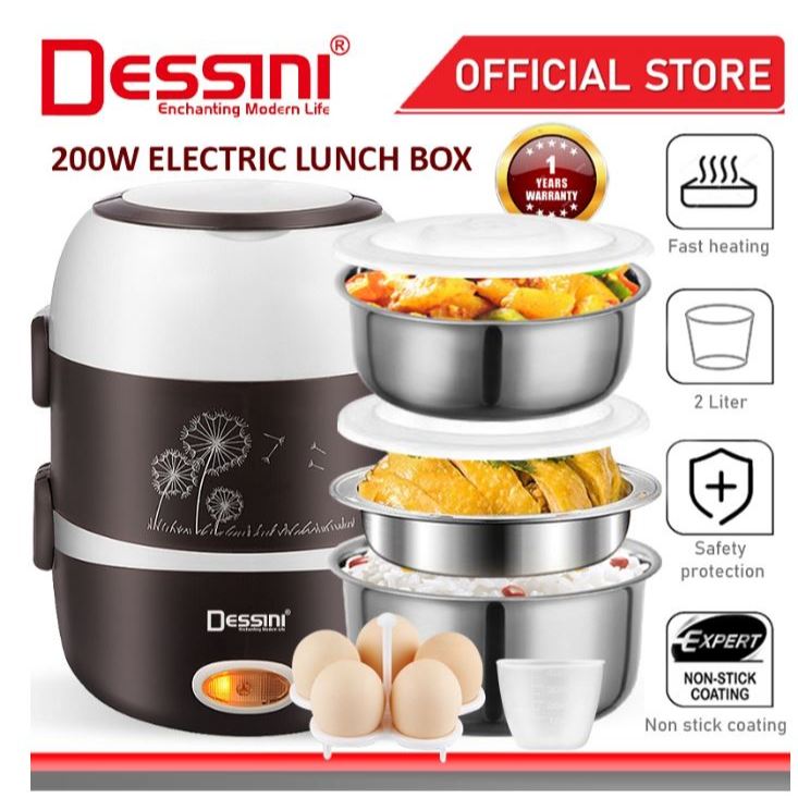 DESSINI ITALY 2L Electric Rice Cooker Lunch Box Non Stick Stainless Steel Inner Pot with Steamer Per