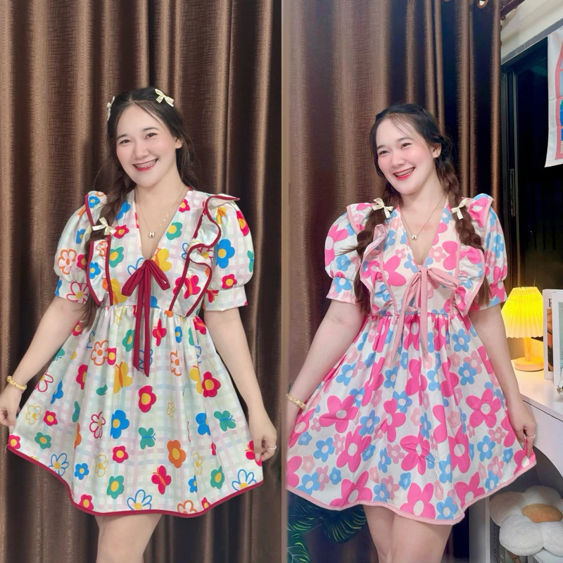 Dress โบว์คอวีระบายกุดขอบ ( m7 )