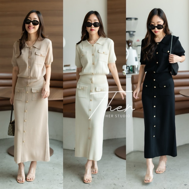 Knit Collar Button Short Sleeve Top&Long Skirt Set
