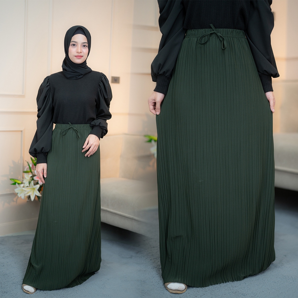 กระโปรงยาวแฟชั่นอิสลามสีพื้น อัดพลีทเอวยางยืดจีบเล็ก คนอวบใส่ได้ แฟชั่นสไตล์มุสลิม  KA08 รุสมีนี