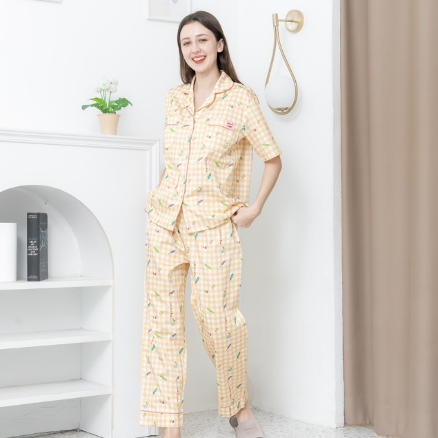 Yellow Gingham Autumn set แขนสั้น ขายาว ชุดนอนโนบรา Call it a day
