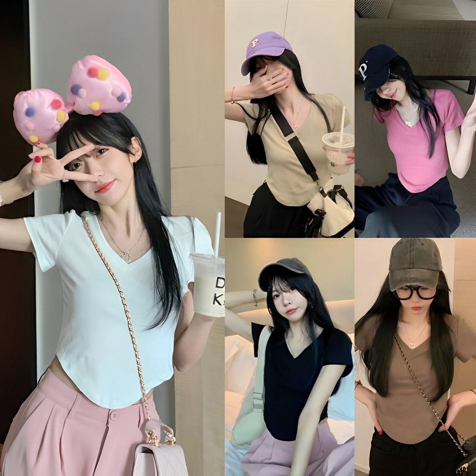 เสื้อยืดคอวี เสื้อยืด ปลายทรงยู อโวคาโต ทรงสวยสีสวย #22157