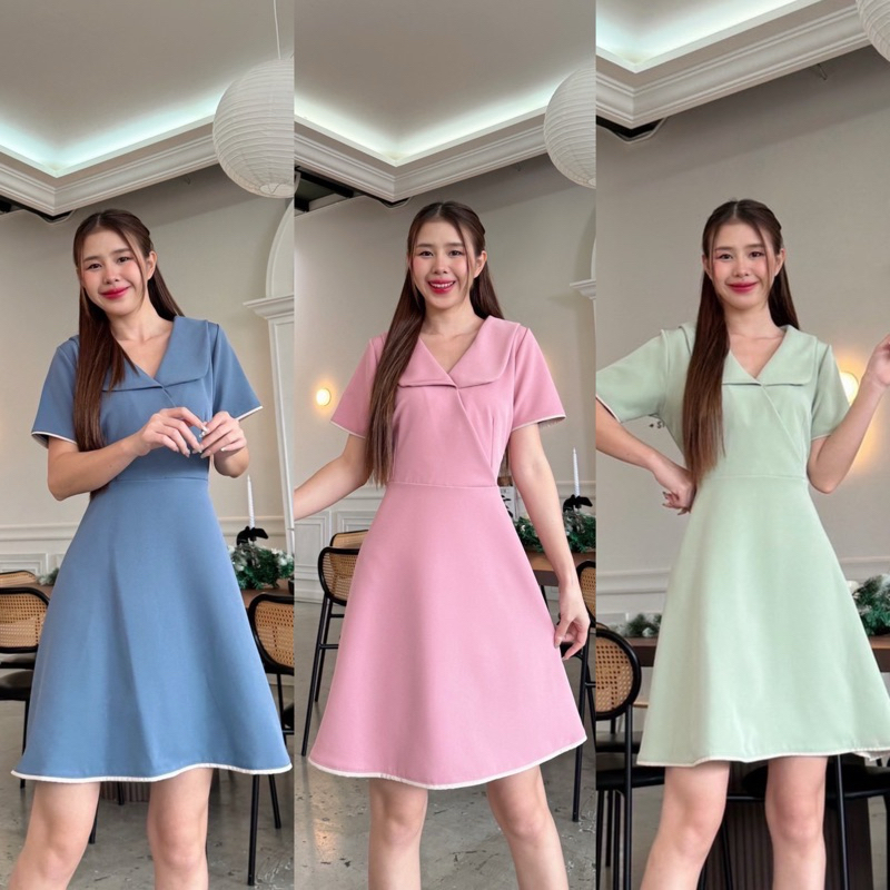 เดรสคอปก กุ๊นขอบปลายเเขน ปลายกระโปรง ป้ายMabel