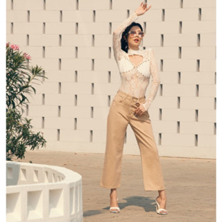 T3156 กางเกงผ้าไม่ยืดผู้หญิงสีกากี ขากระบอก เอวสูงชิ้นหน้า ด…