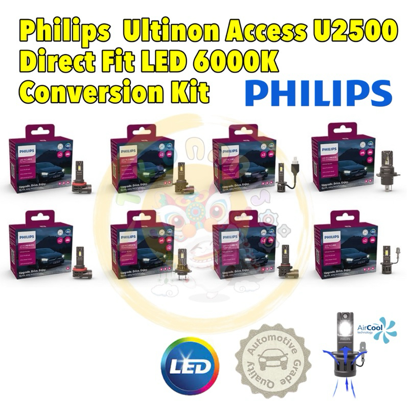 หลอดไฟหน้า 1คู่ PHILIPS ULTINON ACCESS U2500 LED 6000K ไม่ต้องแปรงขั้วไฟ H1,H3,H4,H7,H11,HB3,HB4,HIR2