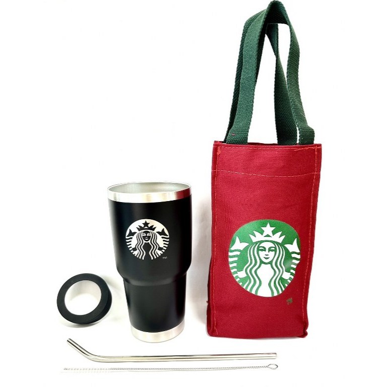 แก้วเก็บอุณหภูมิ ร้อน-เย็น แก้วเยติ ลาย Starbuck สตาร์บัค ฟรี !! ถุงใส่แก้ว พร้อมหลอด สแตนเลส และยางรองแก้ว (คละสี)