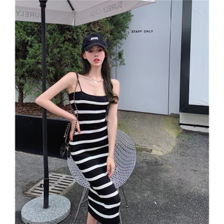 Cicishop(M060)เดรสยาวสายเดี่ยวไหมพรม ผ้าร่อง สไตล์ผู้ดีอังกฤษ สวยหรูดูแพง