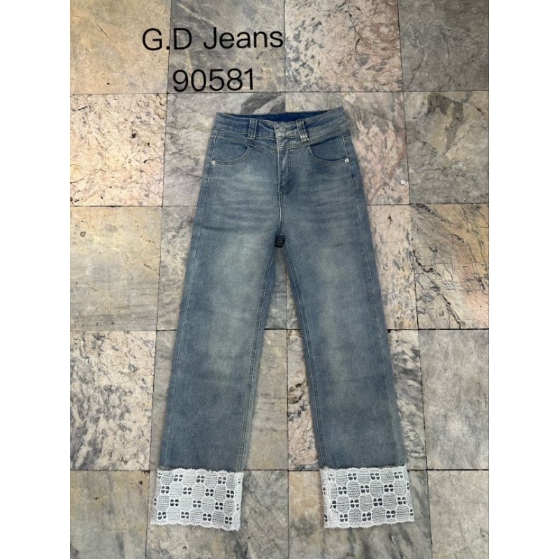 90581#กางเกงยีนส์ขายาวผ้ายืดทรงกระบอกเล็กดีไซน์ขาพับแต่งลูกไม้สีขาวตามเทรน ฟอกสีอมสนิมหน่วยๆ - รูปที่ 5