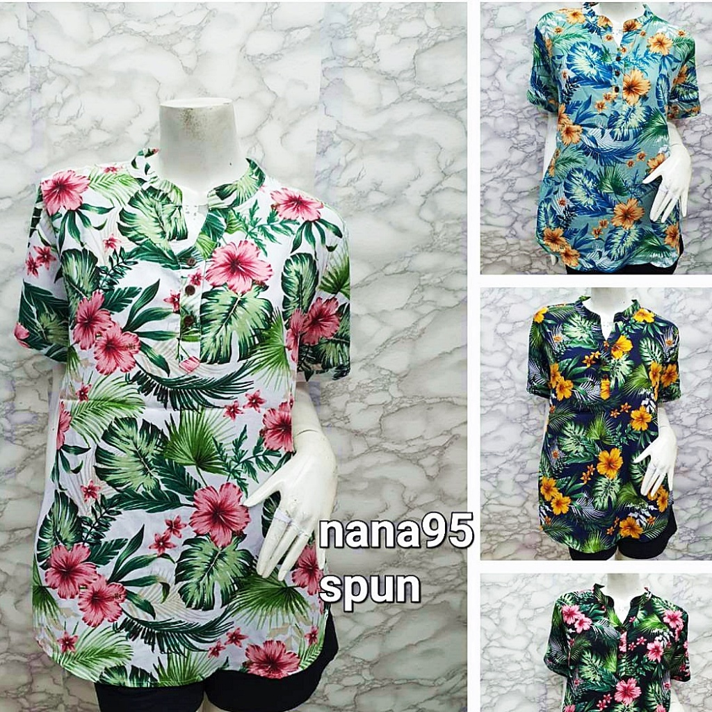 S.40/S.44 เสื้อสปัน แขนสั้น ไซส์ใหญ่ NaNa Shop ผ้าสปัน เนื้อนิ่ม ลายดอกไม้ ขนาดฟรีไซส์ อก 38-40 นิ้ว และ อก 44 นิ้ว