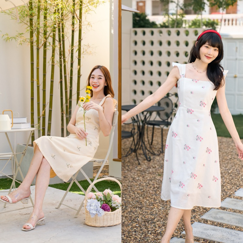 Lille collection : เดรสกระโปรงยาว ปักลายดอกไม้ lilleblossom