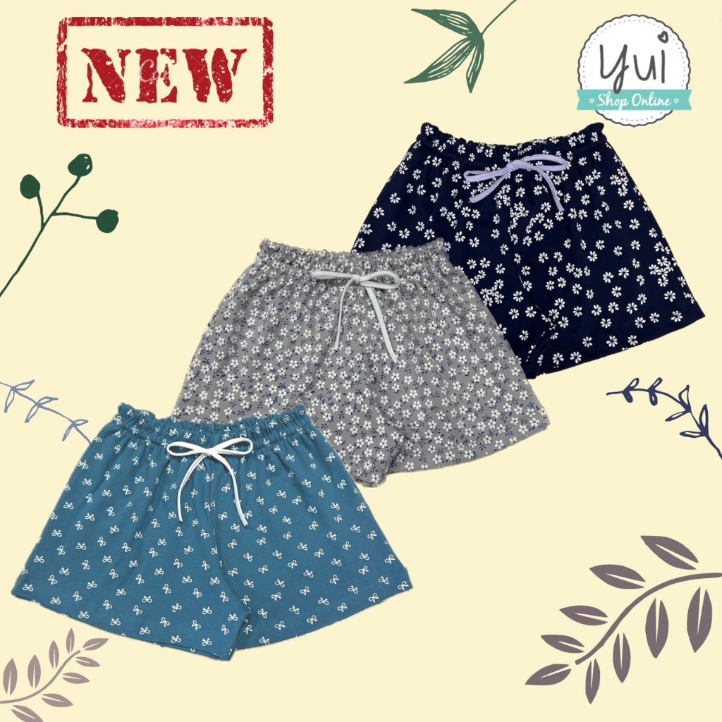 Yui กางเกงขาสั้นเด็กผู้หญิง อายุ 3-14 ปี "ขอบเอวระบาย มีเชือกผูก" ผ้า Cotton พิมพ์ลาย