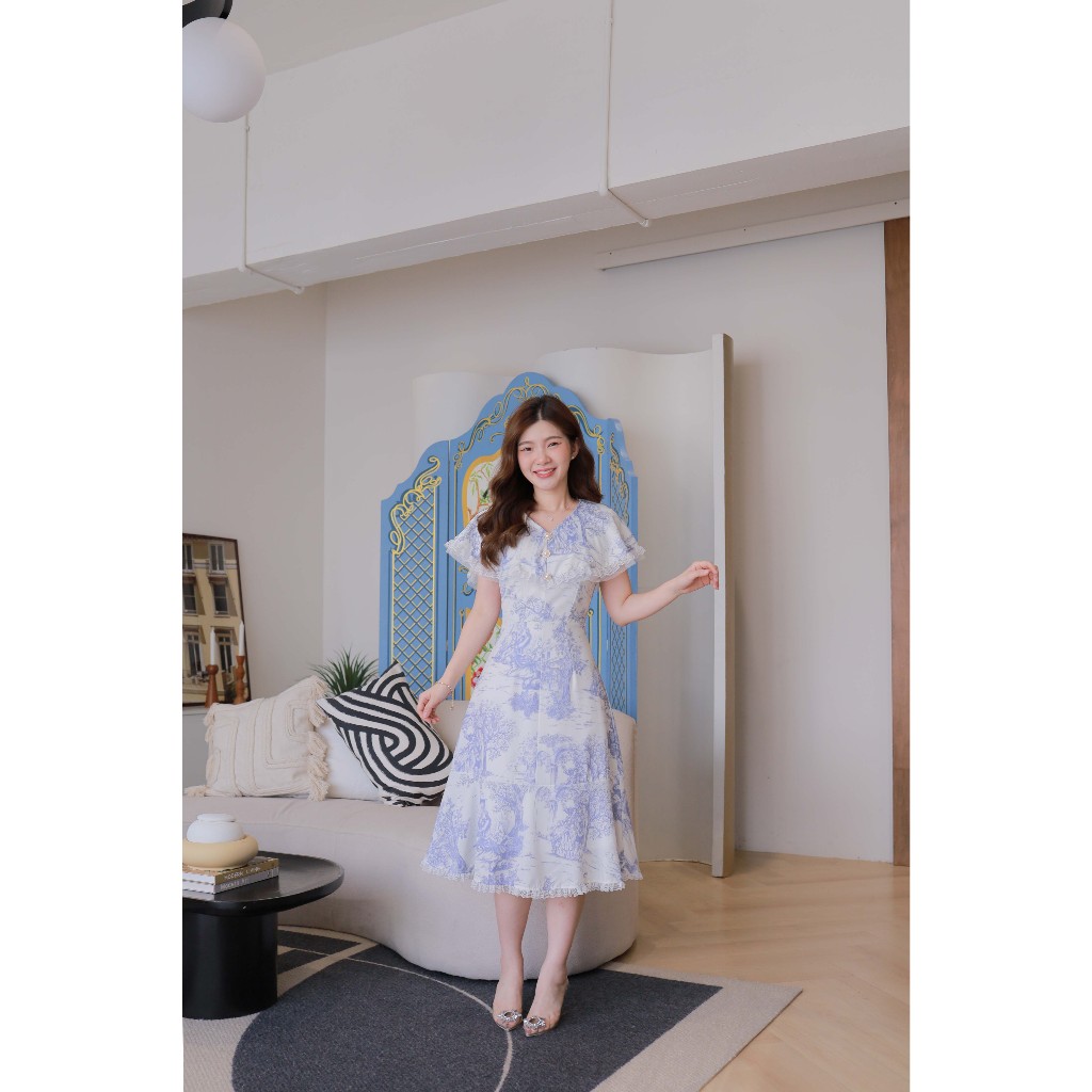 Romi"Oil" G459 ชุดเดรสสีฟ้า (ระบายแขนแต่งลูกไม้กระโปรงยาว)