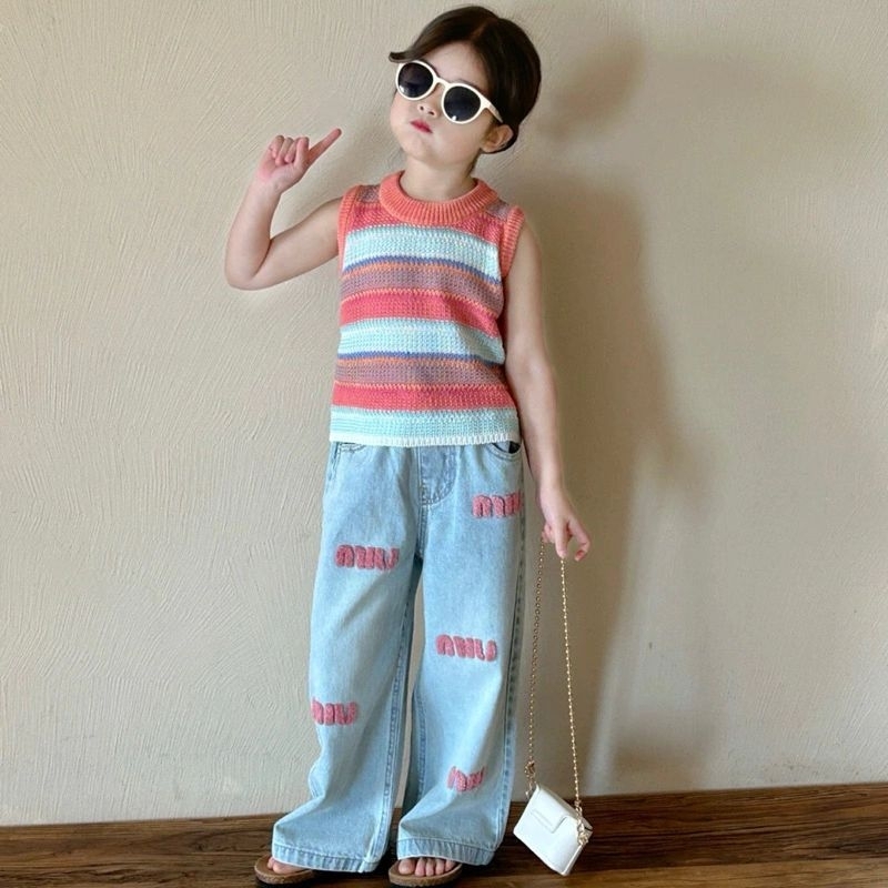 [Y D]319 พร้อมส่ง ชุดเซ็ต 2 ชิ้น เสื้อไหมพรม+กางเกงยีนส์ขายาว สำหรับเด็กผู้หญิง