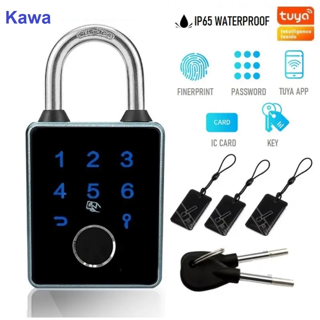 แม่กุญแจ Kawa K9 Pro ปลดล็อคด้วยลายนิ้วมือ+แอป Tuya+รหัสผ่าน+กุญแจ+คีการ์ด กันน้ำ ถอดเปลี่ยนถ่าน