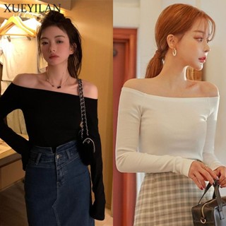 XUEYILANเสื้อครอปหญิง เซ็กซี่เสีดำสื้อแขนยาว ไหล่เดียเสื้อยื…