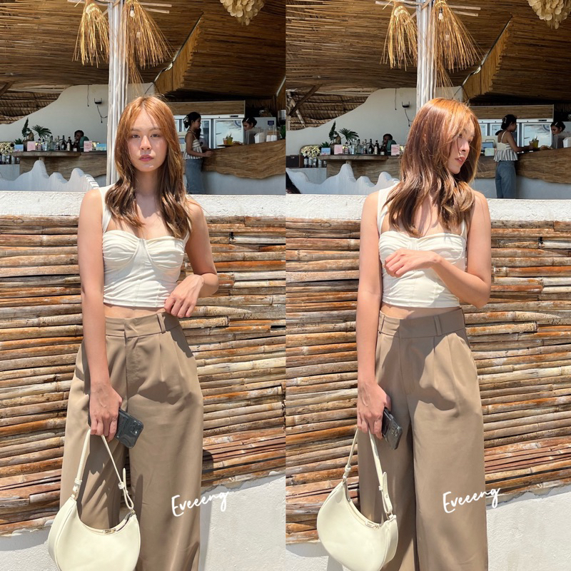 Eveeeng A07 Premium Pants กางเกงเอวสูง กระบอกใหญ่ รุ่นตะขอหน้า ผ้าพริ้ว ทิ้งตัว Clothing ผู้หญิง เสื้อผ้า
