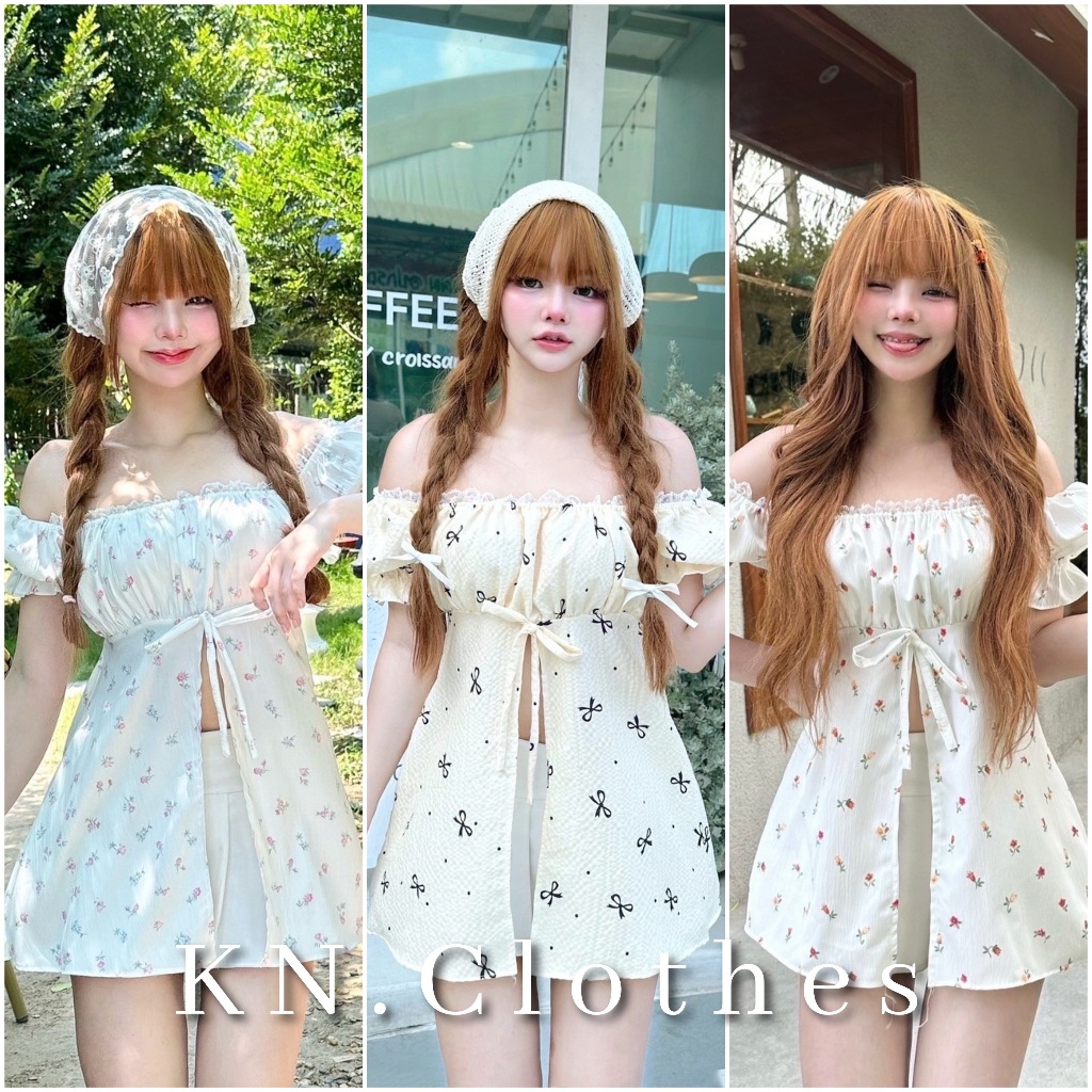 Nusa.Style เสื้อมินิเดรสแขนตุ๊กตา ผ่าหน้า แต่งโบว์ พิมพ์ลายน่ารัก