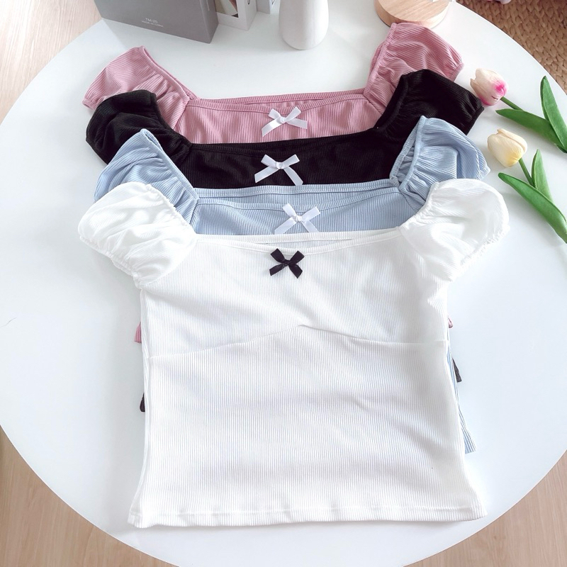 Diiz’s View เสื้อคอเหลี่ยม แขนตุ๊กตาจิ๋ว แต่งโบว์จิ๋ว ผ้าร่องเล็ก ผอม-อวบใส่ได้