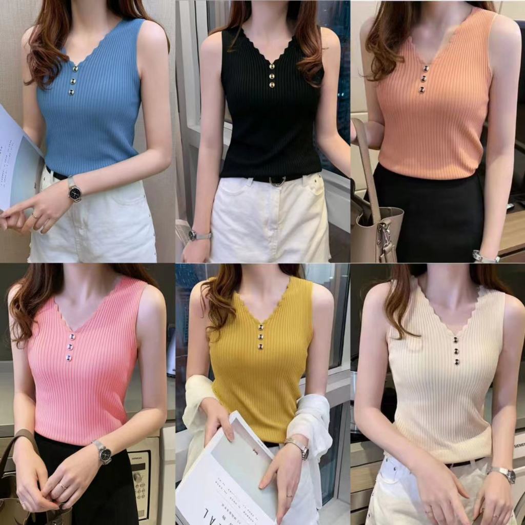 พร้อมส่งเสื้อกล้ามไหมพรมผู้หญิงลายล่องกระดุมหน้า8073*
