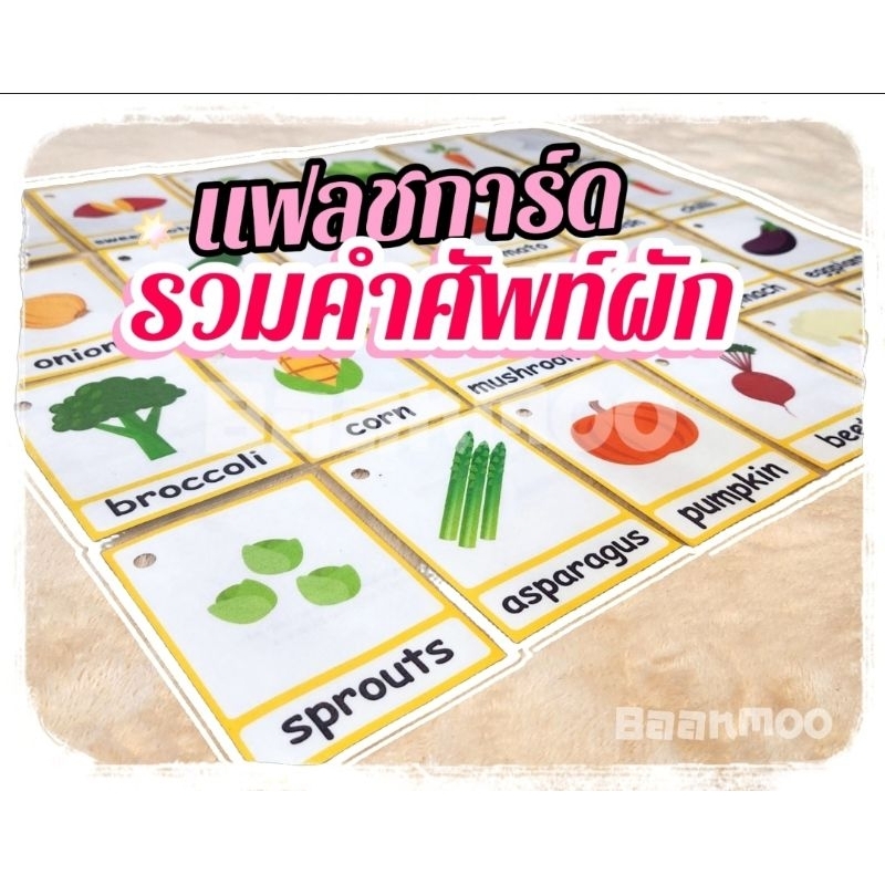 🥦flashcard🥬ผัก vegetables ภาษาอังกฤษ24คำ บัตรคำ แฟลชการ์ด ฝึกภาษา เสริมพัฒนาการ ขอบมนเคลือบกันน้ำ มี3ขนาด