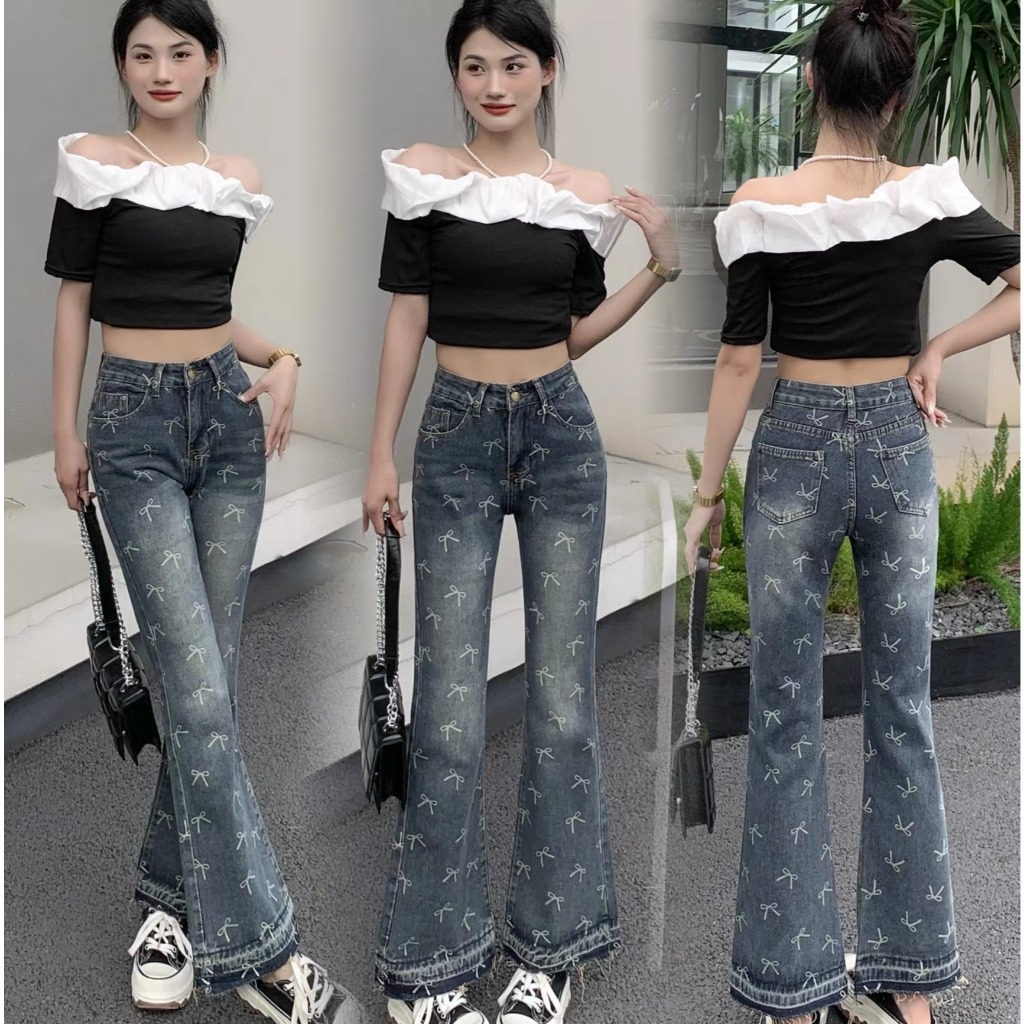 Asheep_shop กางเกงยีนส์ขาม้าเอวต่ำ สีเฟดพิมพ์ลาย์โบว์ ผ้ายืดเอวต่ำ มาใหม่พร้อมส่งค่ะ