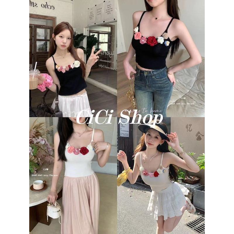 Cicishop(01771)เสื้อสายเดี่ยวครอปไหมพรม ลายดอกไม้3มิติป๊อปอัพ สไตล์2YKตัวมัมสุดๆ