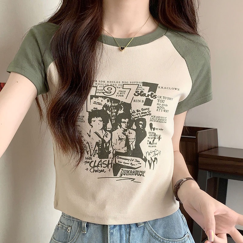 เสื้อครอปน่ารักสไตล์เกาหลี เสื้อผ้าสาวอวบแฟชั่น เสื้อยืดสวยๆผู้หญิงฤดูร้อนใหม่ เข้ารูปทรง สกรีน พิมพ์ลายวินเทจ กําลังฮิต ราคา ถูกที่สุด ดีลบีเคเค แกลเลอรีภาพที่ 5