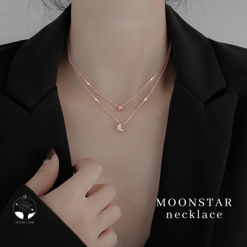 MNL💗MOONSTAR เกาหลี โรสโกลด์ สร้อยคอสองชั้น จี้ดาว พระจันทร์ ไม่ลอกดำ ไม่แพ้ เครื่องประดับแฟชั่น ผู้หญิง เงินแท้ มินิมอล