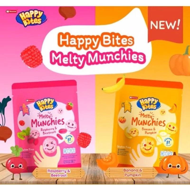 Happy Bites Melty Munchies แฮปปี้ไบท์ ขนมข้าวหอมมะลิอบกรอบสำหรับเด็ก 12 เดือนขึ้นไป 30g/15g