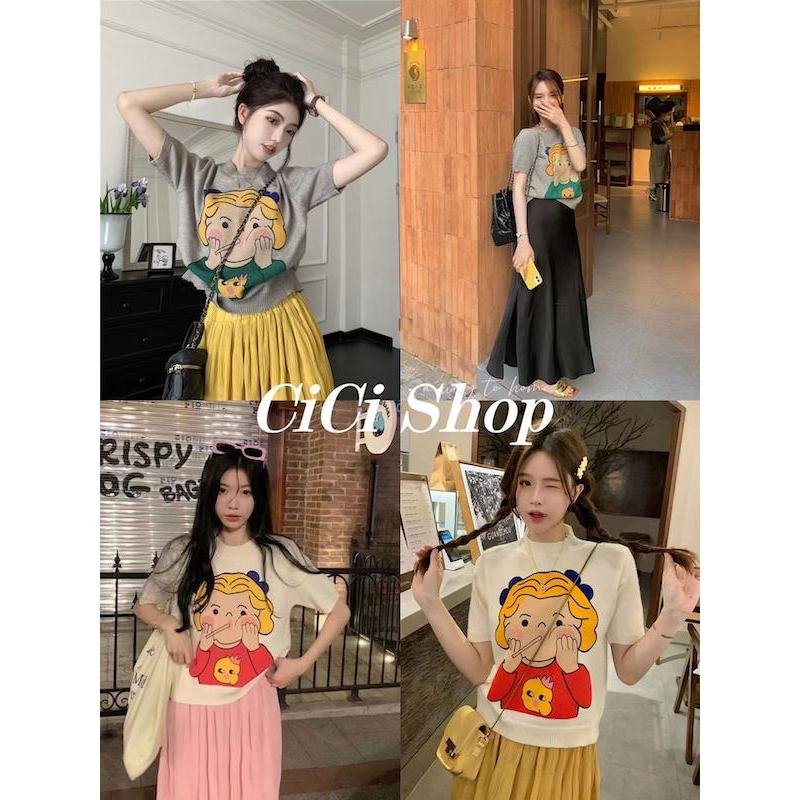Cicishop(56155)เสื้อไหมพรมแขนสั้น ลายเด็กผู้หญิงน่ารัก ใส่แบ๊วกรุบๆ