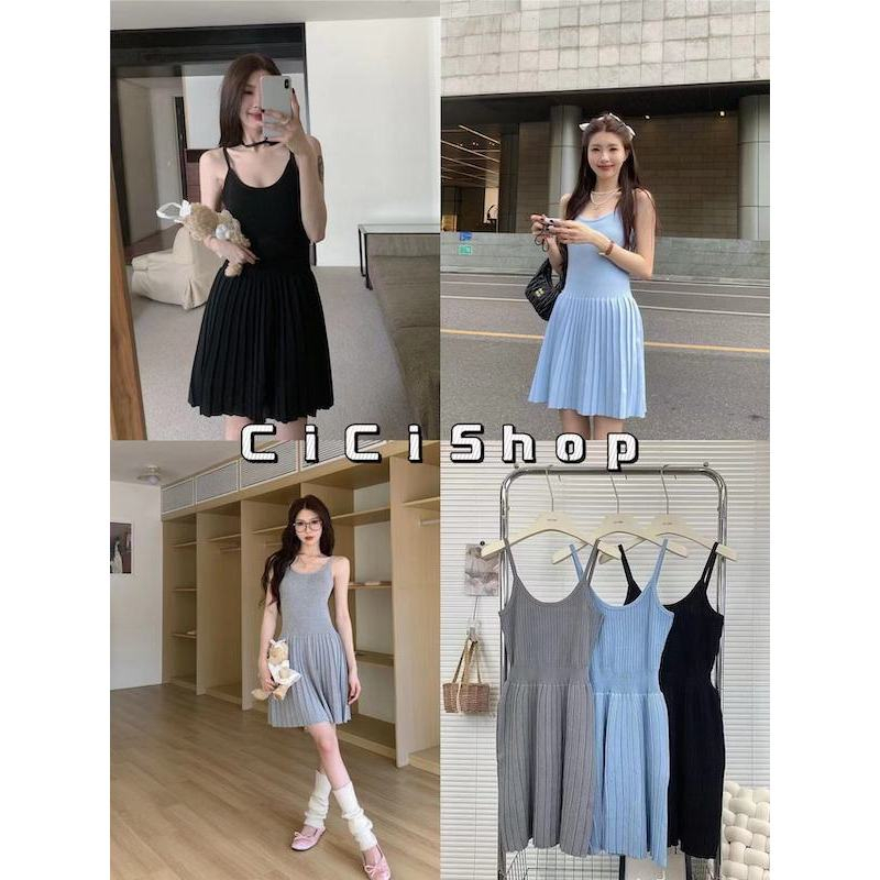 Cicishop(J175)มินิเดรสสายเดี่ยว กระโปรงพลีท สไลต์มินิมอล ปุ๊กปิ๊กมาก