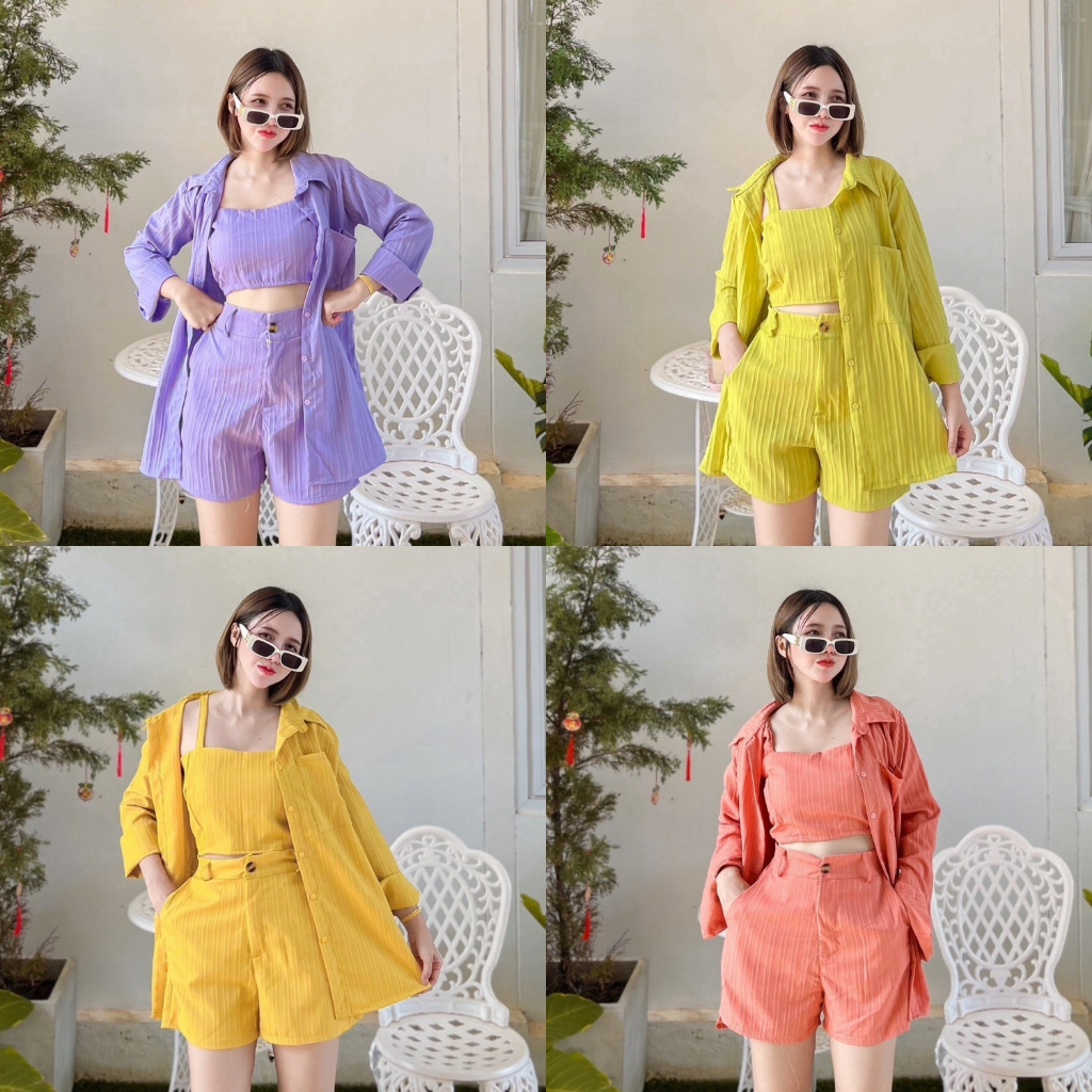 พร้อมส่ง A878 (C1) ชุดเซต 3 ชิ้นผ้าด๊อบบี้ เสื้อคลุม+สายเดี่ยว+กางเกง