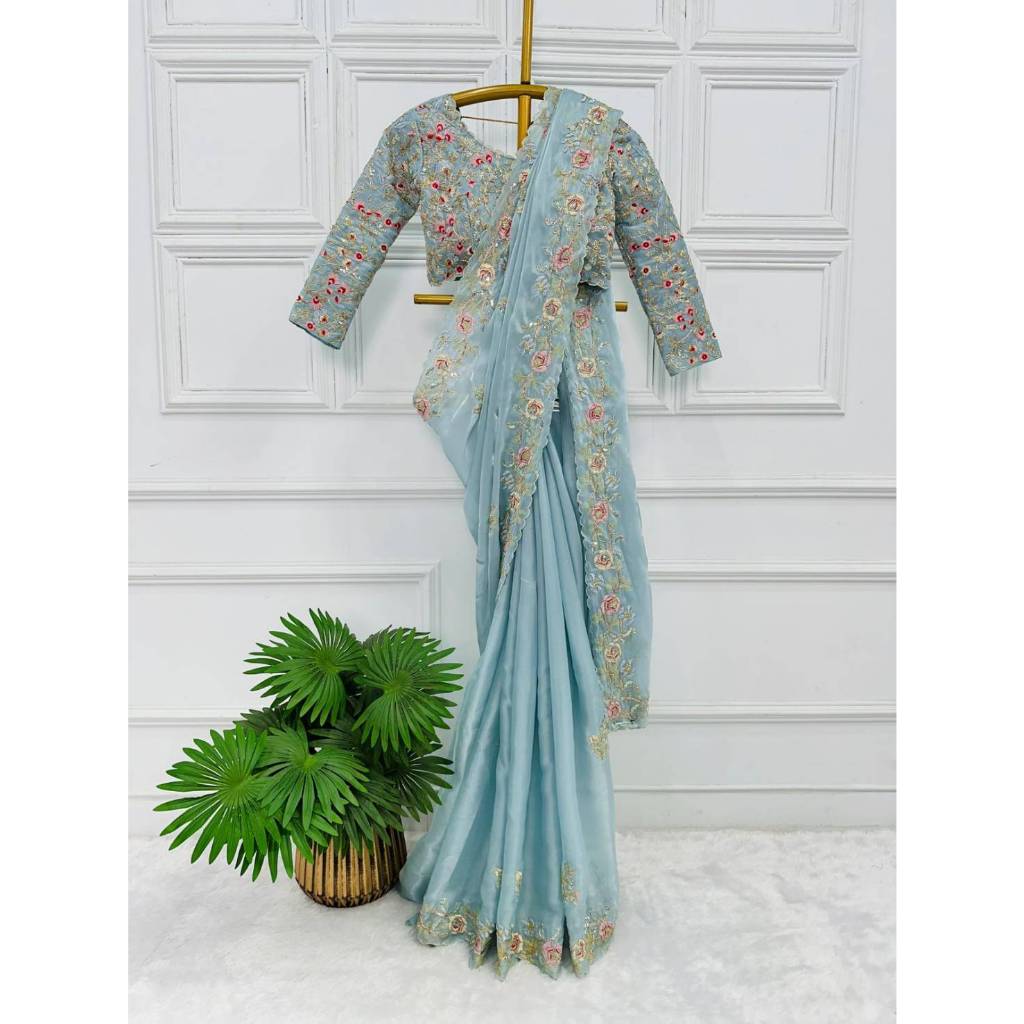 Saree  Fabric:- JIMMY CHOO Work:- COTTON THREAD & SEQUINS EMBROIDERY WORK / 5.5 mtr  Blouse Details 