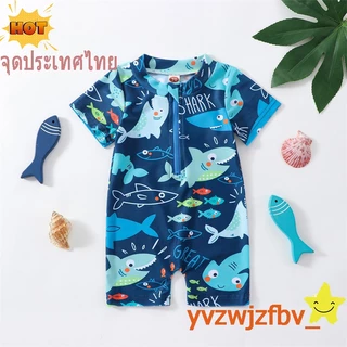 {COD&LOCAL} ชุดว่ายน้ํา จั๊มสูท แขนสั้น พิมพ์ลายฉลาม มีซิป ลําลอง ฤดูร้อน สําหรับเด็กผู้ชาย