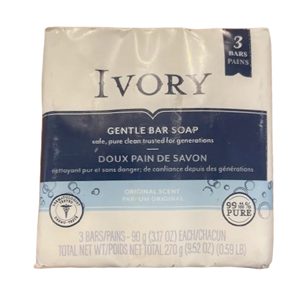 Ivory Gentle Bar Soap ไอวอรี่ สบู่ทำความสะอาดผิวหน้าและผิวกาย สูตร ธรรมชาติ 3 ก้อน 90g.