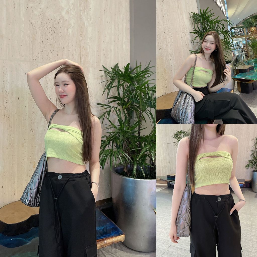 ครีมเหลือง/มิ้นท์/ชมพู/เขียว/พีช/ฟ้า SLYQ SPARKLE TWISTED TUBE TOP เสื้อเกาะอกไขว้หน้าผ้าวิ้งทอผสมดิ้น