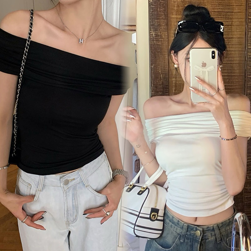 STR พร้อมส่ง🍧เสื้อยืดแขนสั้นเซ็กซี่ผู้หญิง🍧เปิดไหล่ข้างเดียว ปาดไหล่จับจีบเสื้อแขนกุด สไตล์ยุโรปและอเมริกา ทรงเข้ารูป