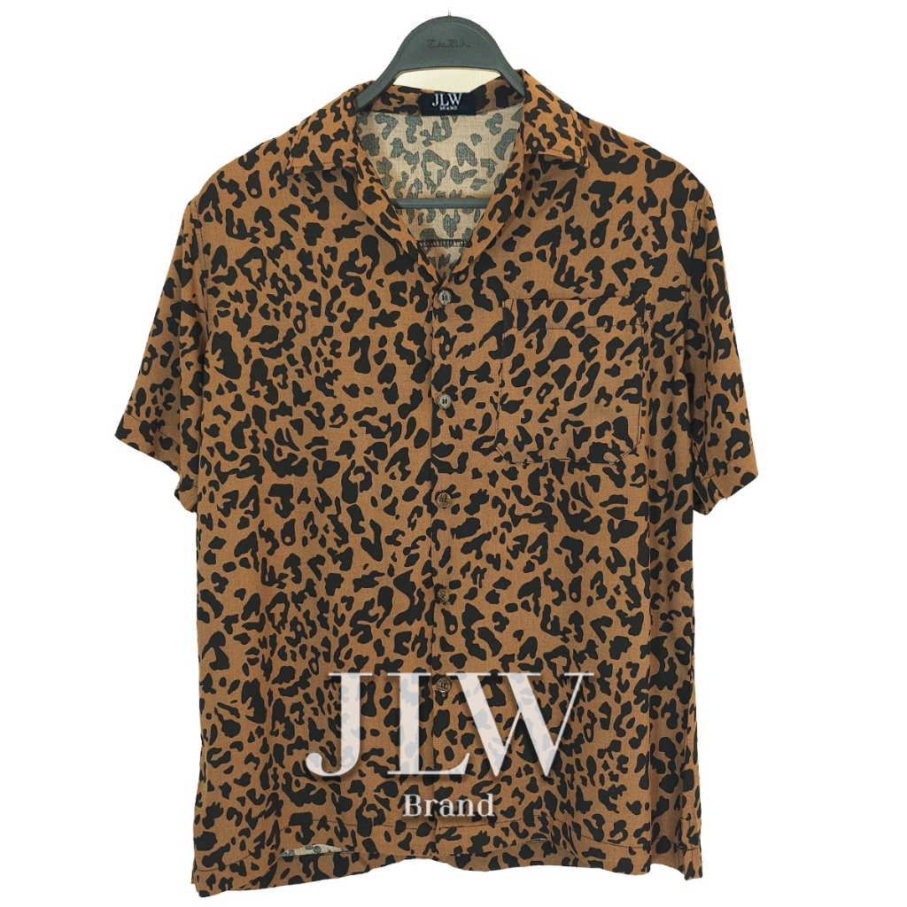 เสื้อฮาวาย ลายเสือดำ น้ำตาล ผ้านิ่ม M L XL Oversize คอฮาวาย JLW BRAND