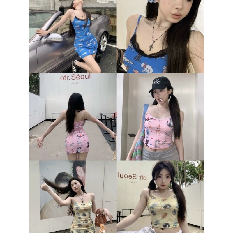 Cicishop1(XS3168/3169)เสื้อครอปสายเดี่ยว/เดรสสายเดี่ยว ผ้าซีทูมีรองซับในดีเทลพิมพ์ลายสัตว์เลี้ยงน่าร