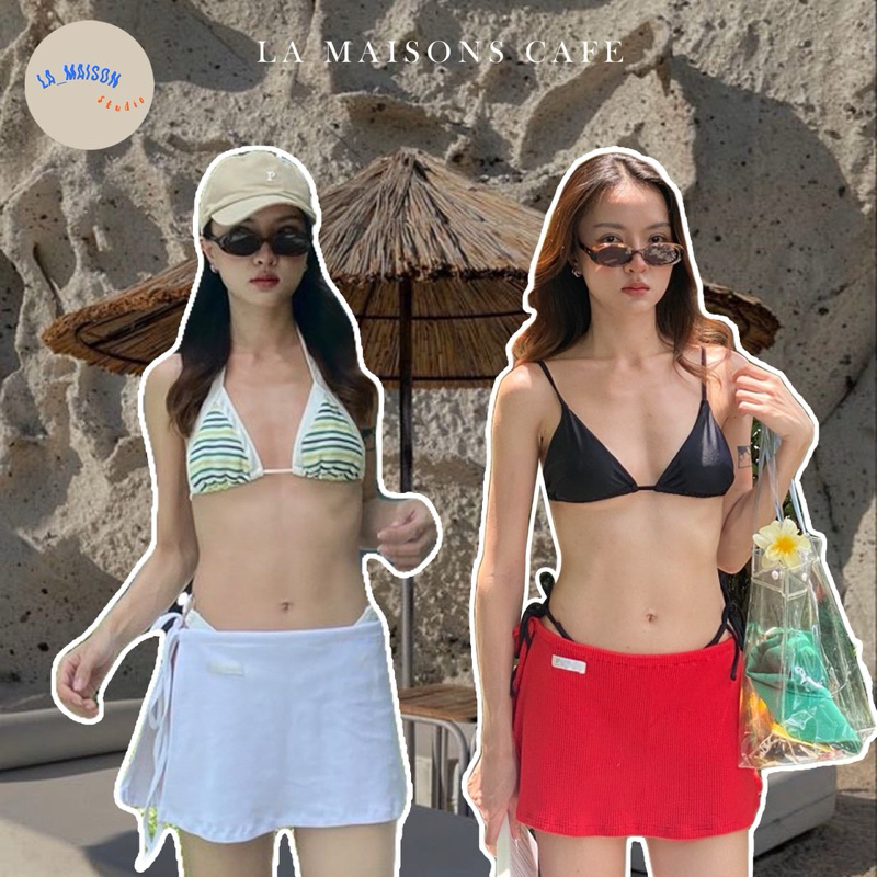กระโปรงคลุมบิกินี่ ผูกข้าง ผ้าวาฟเฟิล Honeycomb Mini skirt