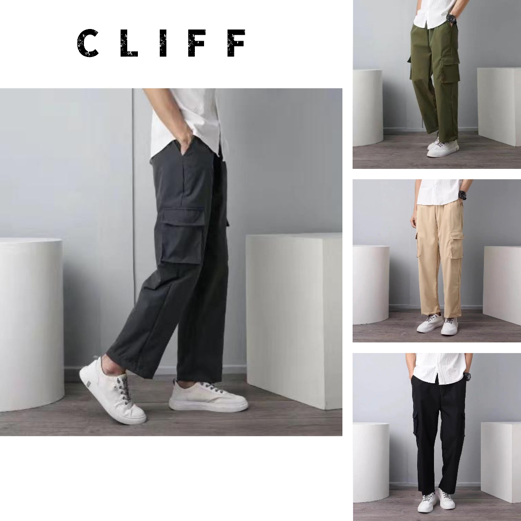 CLIFF กางเกงขายาวลำลองของผู้ชายตรงสไตล์เท่ ๆ Workwear กางเกงมีกระเป๋าสี่สีให้เลือก