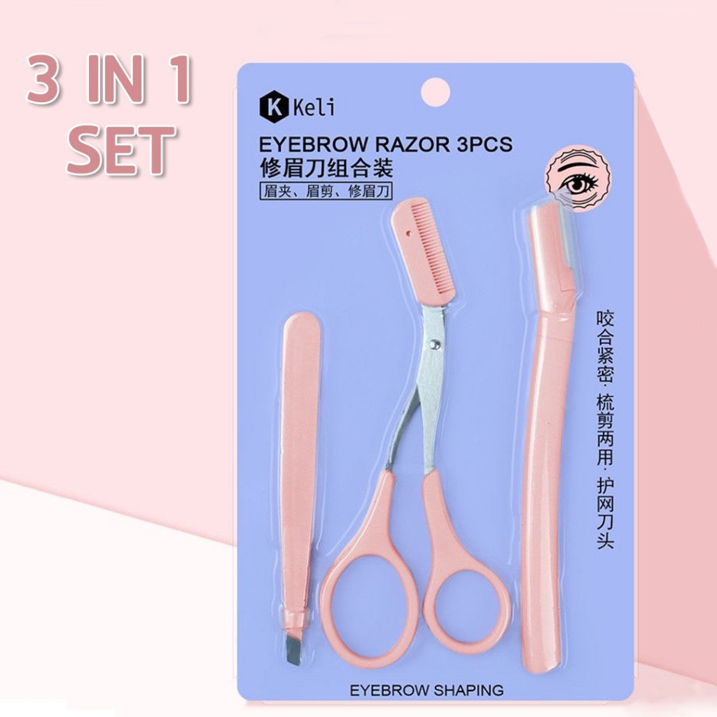 KELI Eyebrow Razor 3 pcs. [KL743] เซตอุปกรณ์จัดแต่งทรงคิ้ว 3 in 1 set กรรไกรจัดแต่งขนคิ้ว มีดกันคิ้ว แหนบถอนขนคิ้ว
