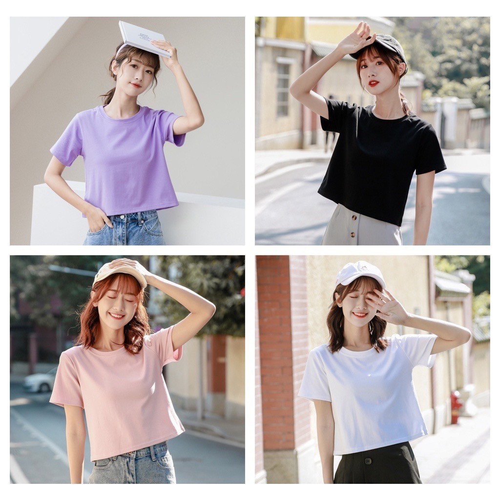 annacny เสื้อครอปคอกลม สีพื้น เสื้อเอวลอย น่ารักสไตล์มินิมอล TS1199