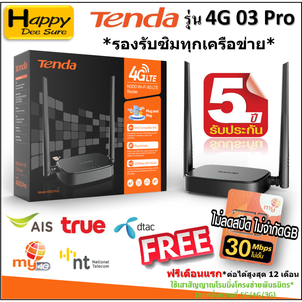 ประกันศูนย์ 5 ปี Tenda 4G03 Pro N300 Wi-Fi 4G LTE Router ฟรี ซิมเน็ตไม่อั้น มีตัวเลือก 6 แบบ เหมือน TP-Link MR100 MR105