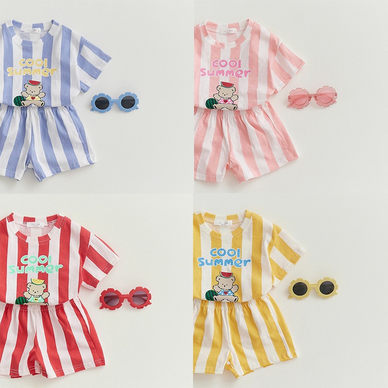 NT baby-043 (สินค้าพร้อมส่ง) 🍉🌈 COOL SUMMER SET 🐻🍦 เซ็ตเสื้อผ้าเด็กลายทางสดใส หมีน้อยรับซัมเมอร์ 💛💙💖❤️  🧸✨