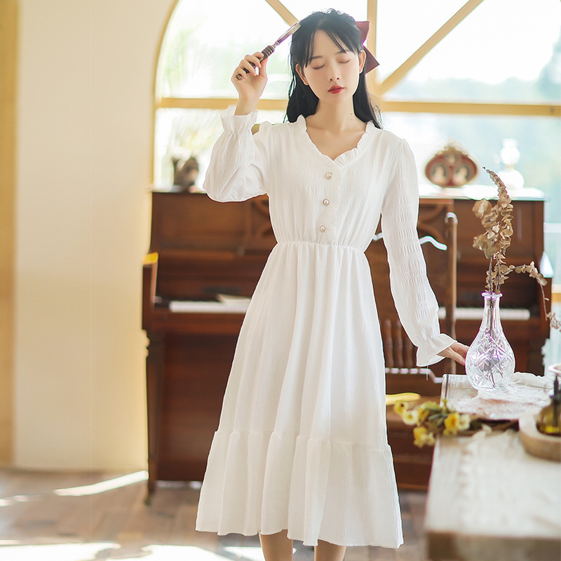 เดรสยาวปานกลาง ชุดเดรสสีขาว ชุดฝรั่งเศส ย้อนยุค - รูปที่ 4