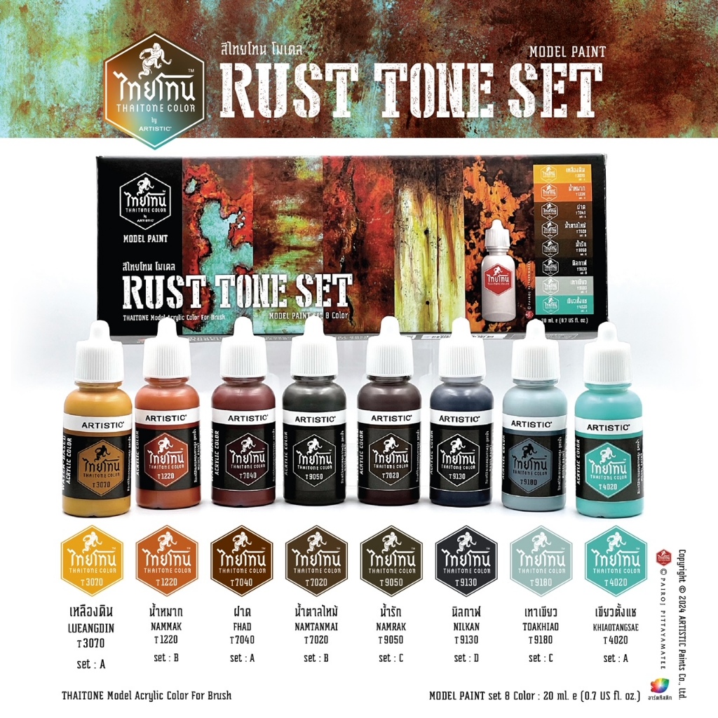 ชุดสีโมเดลไทยโทน Rust Tone Set:สีอะคริลิคสูตรน้ำผิวเนื้อด้านเฉดสีสำหรับงานเพ้นสีสนิม