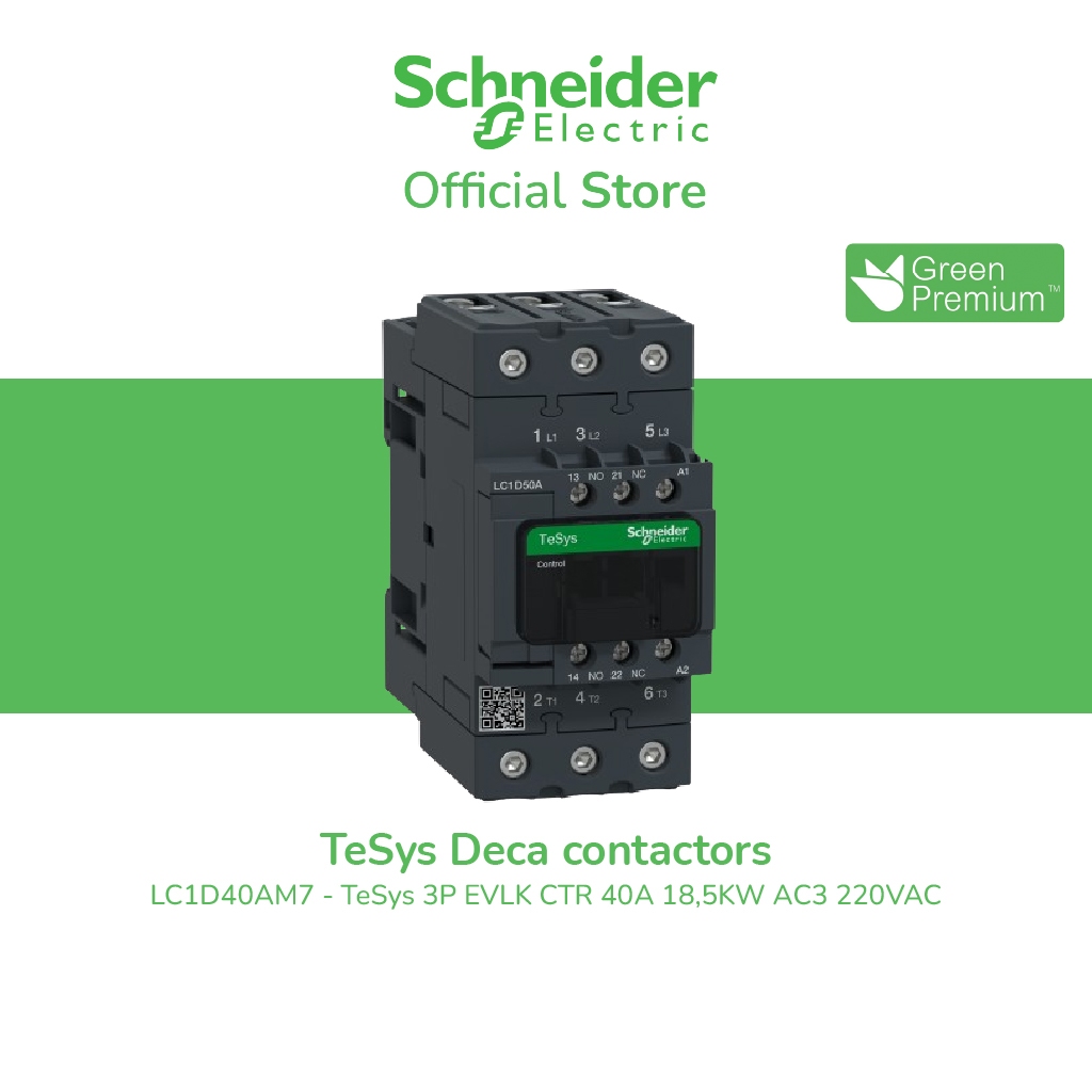Schneider Electric Contactor, รุ่น Tesys Deca, 3P(3 NO), AC-3/AC-3e, 0 to 440V, 40A, 220VAC 50/60Hz coil