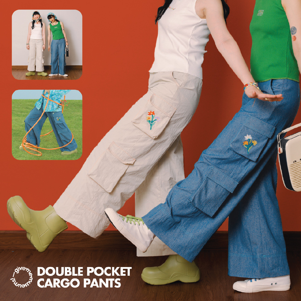 DOUBLE POCKET CARGO PANTS กางเกงทรงคาร์โก้ ปักลายดอกไม้ give.me.museums